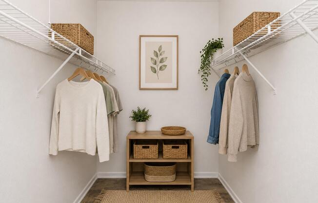 A neatly organized walk-in closet with two hanging racks displaying sweaters in neutral colors. A small wooden table holds a round wicker basket and two storage bins, while a plant adds a touch of greenery. A framed botanical print decorates the wall, enhancing the minimalist and calming aesthetic.