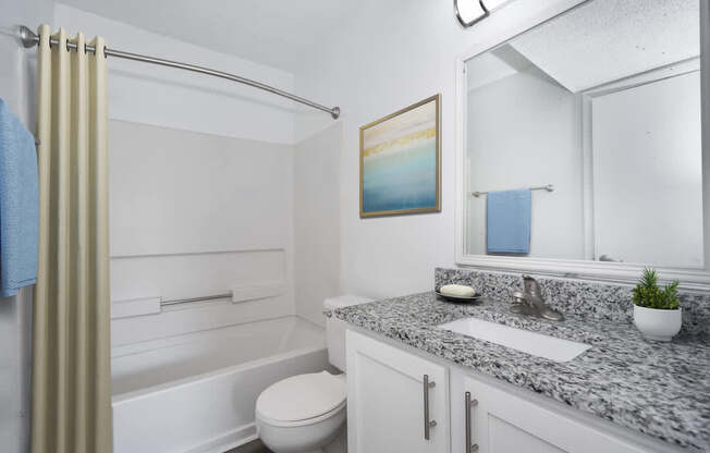 A bathroom with a toilet, sink, and a shower with a curtain.