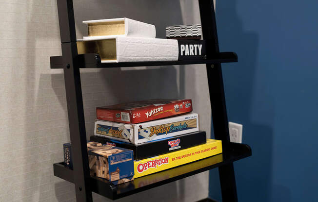 board games in the game room at Sky on Main in Kansas City, MO