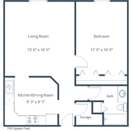 1 bed, 1 bath, 740 sqft, $690