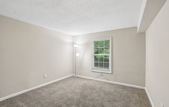 A room with a carpeted floor and a window with blinds.