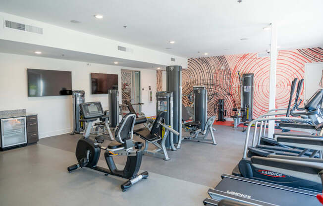 a gym with cardio equipment and a wall with a painting of red spirals at 20 Midtown, Alabama, 35233