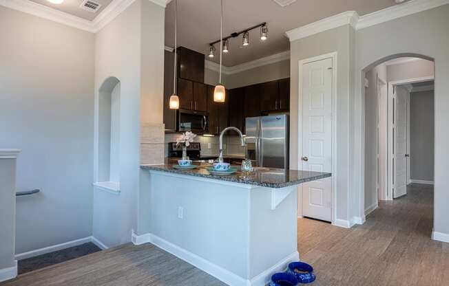 Kitchen area with granite countertops, dark cabinets, and pendant lighting