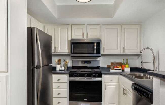 A kitchen with a black refrigerator and stainless steel appliances.