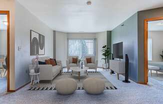 a living room with a couch and a table