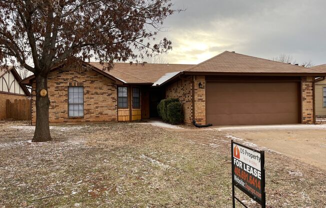 3 bedroom home for rent in Edmond near W 15th Street and Santa Fe!  2 baths, 2 car garage + fenced yard and storm shelter.