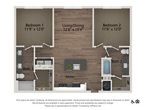 2 beds, 2 baths, 999 sqft, $1,850