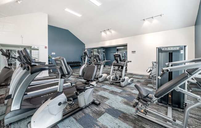 the gym has cardio equipment and treadmills at the belgard apartments