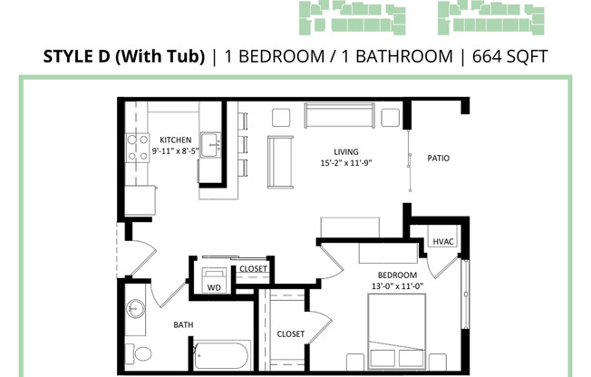 1 bed, 1 bath, 665 sqft, $1,390, Unit 121