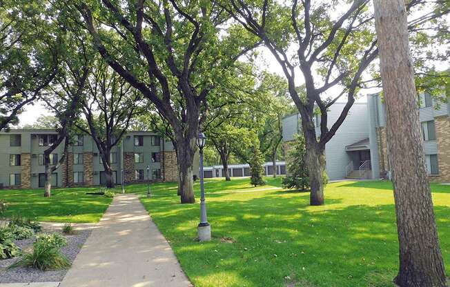 a sidewalk and grassy area with trees and buildings