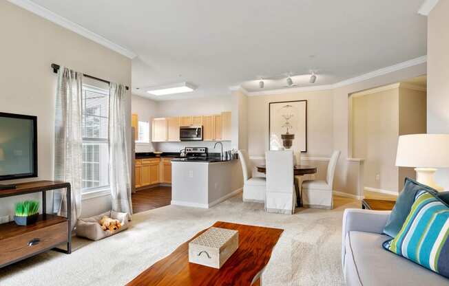 a living room and kitchen with a couch and a table