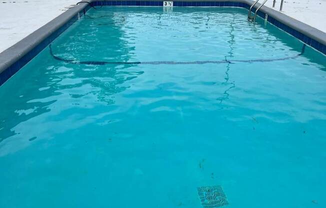 A small empty pool with a blue tiled edge.