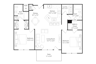 2 beds, 2 baths, 1,194 sqft, $1,455