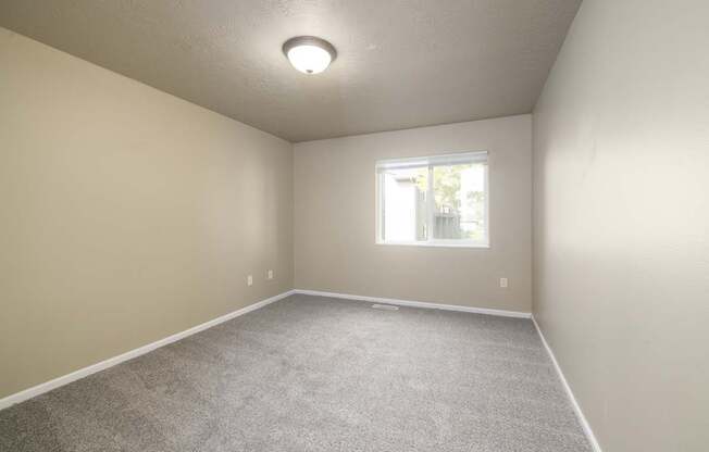 A room with a carpeted floor and a window.