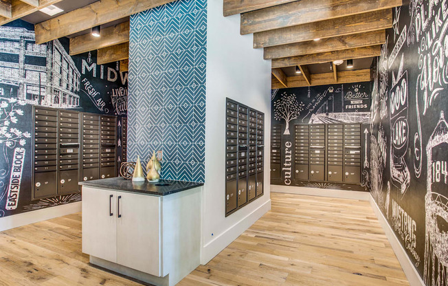 Community mail room Midway Urban Village Luxury Townhomes and loft apartments in Farmers Branch, Texas near North Dallas. Luxury North Dallas Townhomes for rent