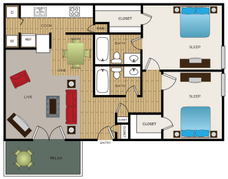 2 beds, 2 baths, 1,000 sqft, $1,292