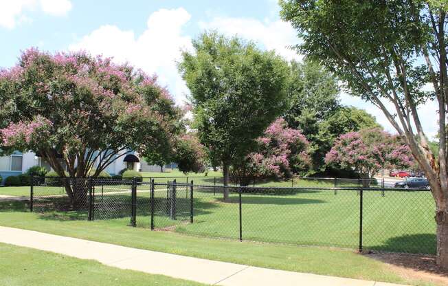 fenced dog park surrounded by mature trees  at Huntsville Landing Apartments, Huntsville, Alabama