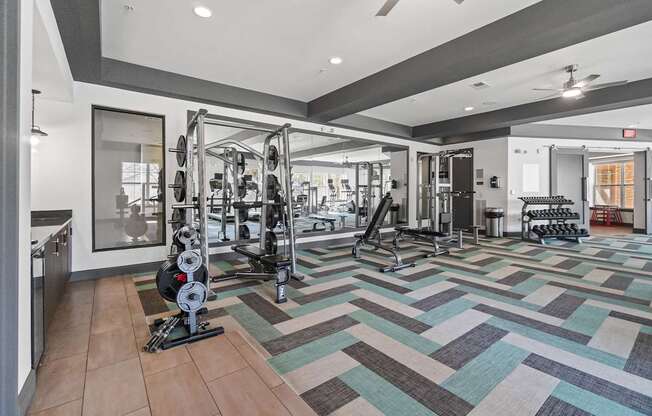 A gym with a variety of equipment including a squat rack, bench press, and a mirror.