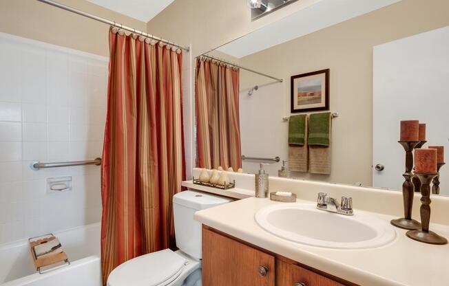 Bathroom with large mirror at New Mexico apartments