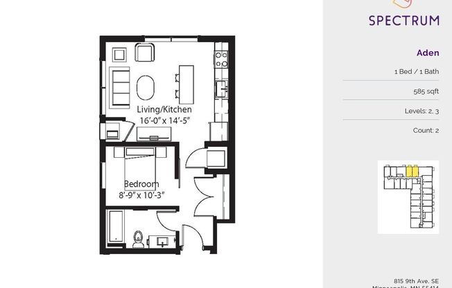 1 bed, 1 bath, 585 sqft, $1,465, Unit 200