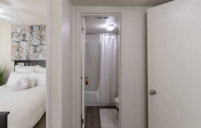 This is a photo of the bathroom in the 472 square foot 1 bedroom, 1 bath apartment at Princeton Court Apartments in the Vickery Meadow neighborhood of Dallas, Texas.