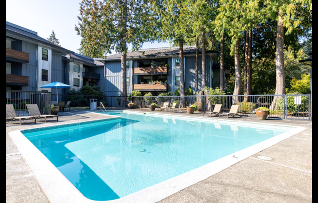 A swimming pool surrounded by trees and apartment buildings.