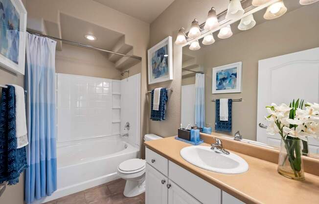 A bathroom with a white toilet, a sink, a mirror, and a shower.