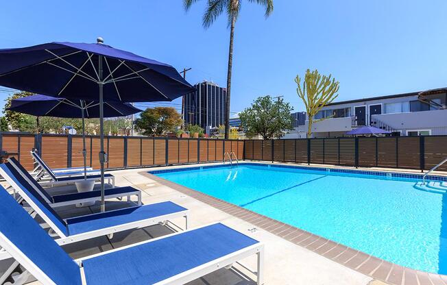 a pool next to a building