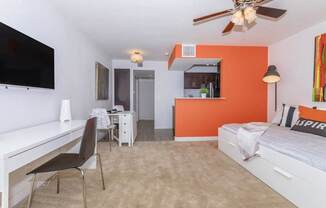 A bedroom with a bed, desk, and chair.
