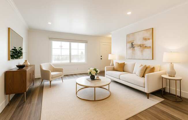 A living room with a white couch, a coffee table, and a large painting on the wall.