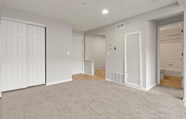 a bedroom with two closets and a door to a bathroom