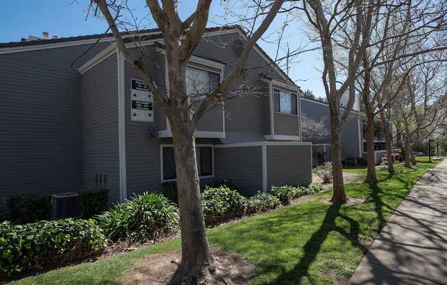 A tree in front of a grey building with a sign on it at Kirker Creek Apartments, Pittsburg, CA
