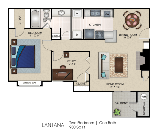 2 beds, 1 bath, 930 sqft, $1,400