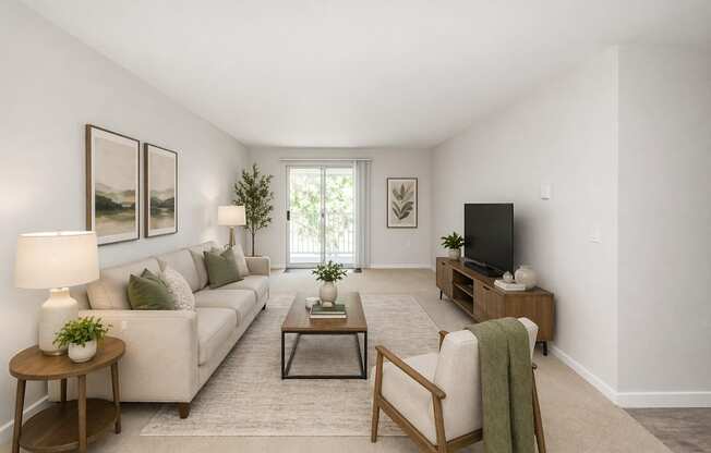 A living room with a couch, chair, and a television.