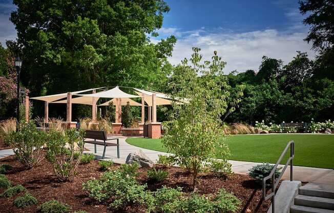 A gazebo is surrounded by trees and plants.