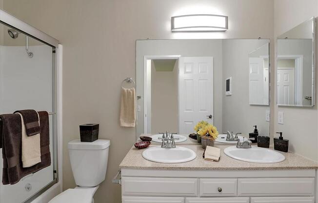 Bathroom With Vanity Lights at Casa Alberta Apartments, Sunnyvale, California