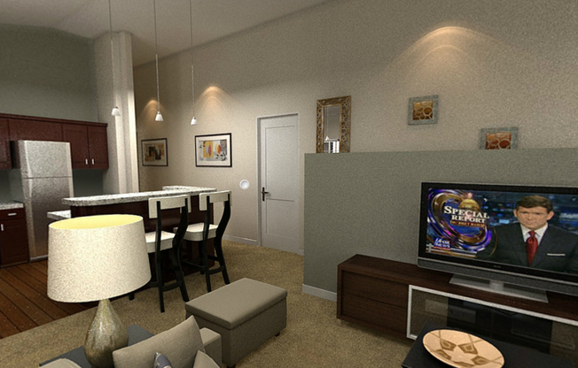 Living room area of an apartment, furnished with a couch, flat screen TV, carpet flooring, and high ceiling.