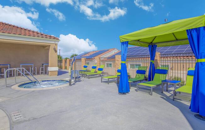 a building with a blue umbrella
