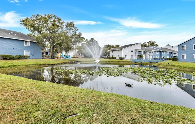 a pond with a fountain in the middle of some houses