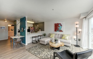 Living Room with with Hardwood Inspired Floor, Black Chair, Bar Seating and Black/White Rug