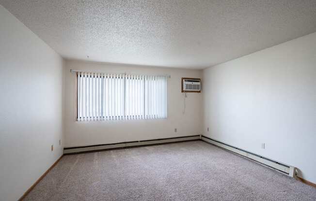the living room of an empty house with white walls and a window. Fargo, ND  Prairie Park Apartments