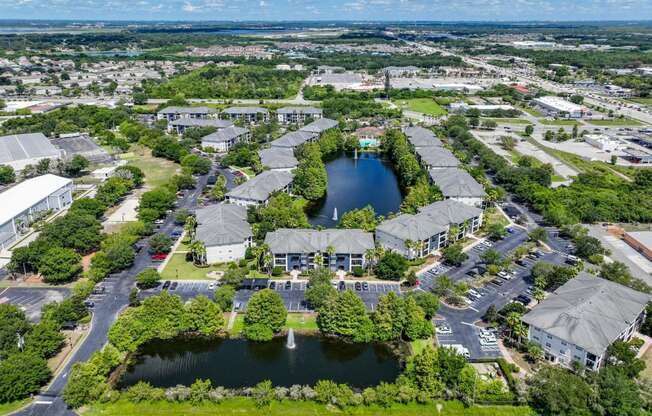 An ariel view of the property and pond at Verano apartments