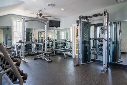 A spacious gym with a variety of equipment including a squat rack, bench press, and a television.