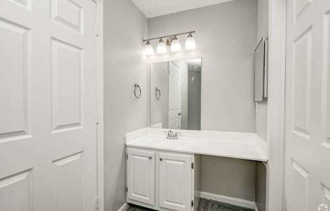 a bathroom with a sink and a mirror