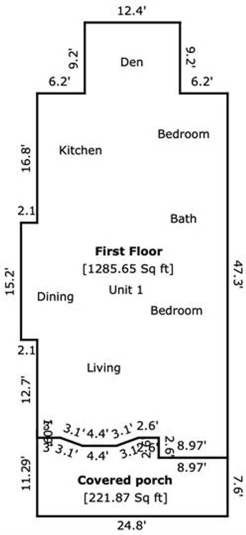 2 beds, 1 bath, 1,285 sqft, $900, Unit 1