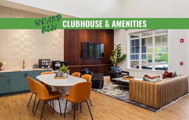 A modern clubhouse and amenities area with a dining table and chairs.