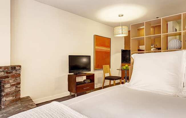 a bedroom with a bed a television and a fireplace