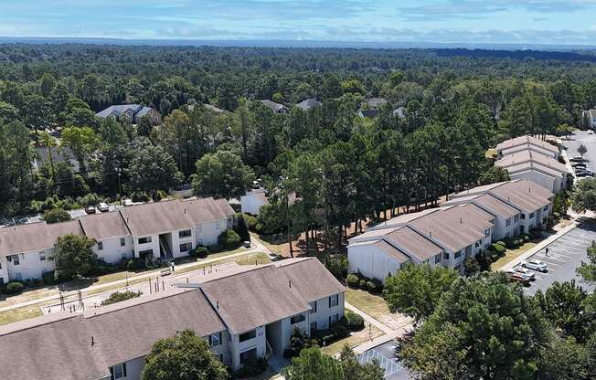 A bird's eye view of a residential area with houses and trees.