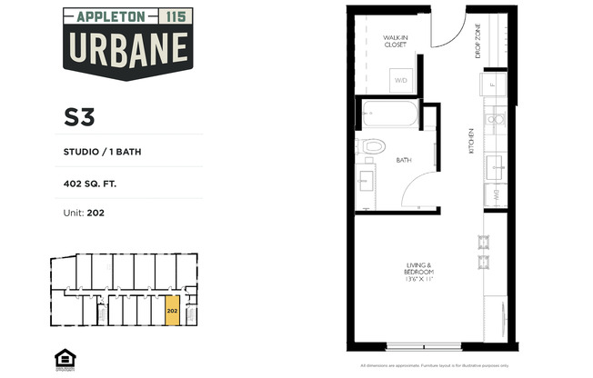 Studio, 1 bath, 402 sqft, $1,225, Unit 302