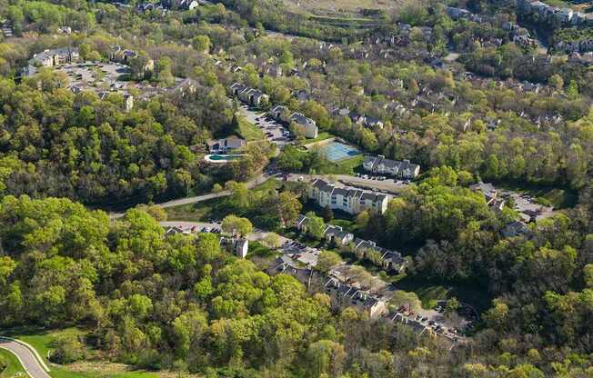 A bird's eye view of a residential area surrounded by trees.